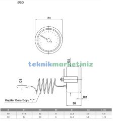 Ø60mm 0/300 C° Derece Gaz Dolgu Kablolu Göstergeli Sıcaklık Ölçer Termometre EN13190 Panotip Arka Çıkışlı Kablo Boyu :