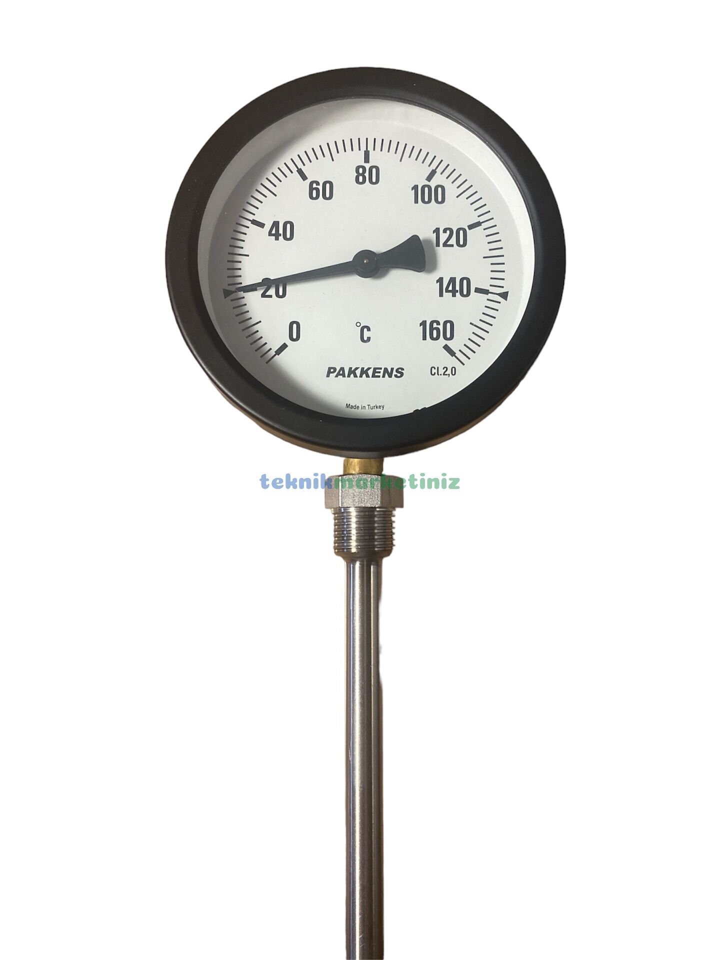 Ø100mm 0/+160°C Derece, Alttan Çıkışlı G1/2'' Bi-Metal Sıcaklık Ölçer, Termometre, Paslanmaz Termovilli Mekanik Isı Gösterge Saati, EN 13190, CL2,0 PAKKENS, Dalma Boyu :