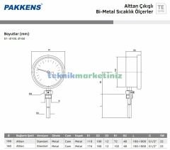 Ø100mm 0/+160°C Derece, Alttan Çıkışlı G1/2'' Bi-Metal Sıcaklık Ölçer, Termometre, Paslanmaz Termovilli Mekanik Isı Gösterge Saati, EN 13190, CL2,0 PAKKENS, Dalma Boyu :