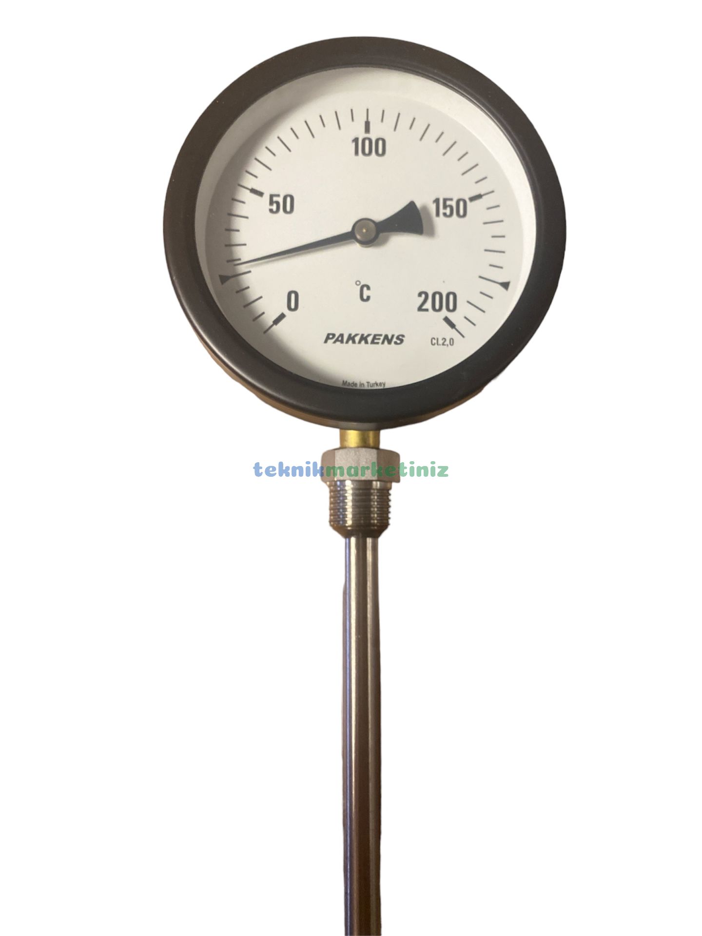 Ø100mm 0/+200°C Derece, Alttan Çıkışlı G1/2'' Bi-Metal Sıcaklık Ölçer, Termometre, Paslanmaz Termovilli Mekanik Isı Gösterge Saati, EN 13190, CL2,0 PAKKENS, Dalma Boyu :