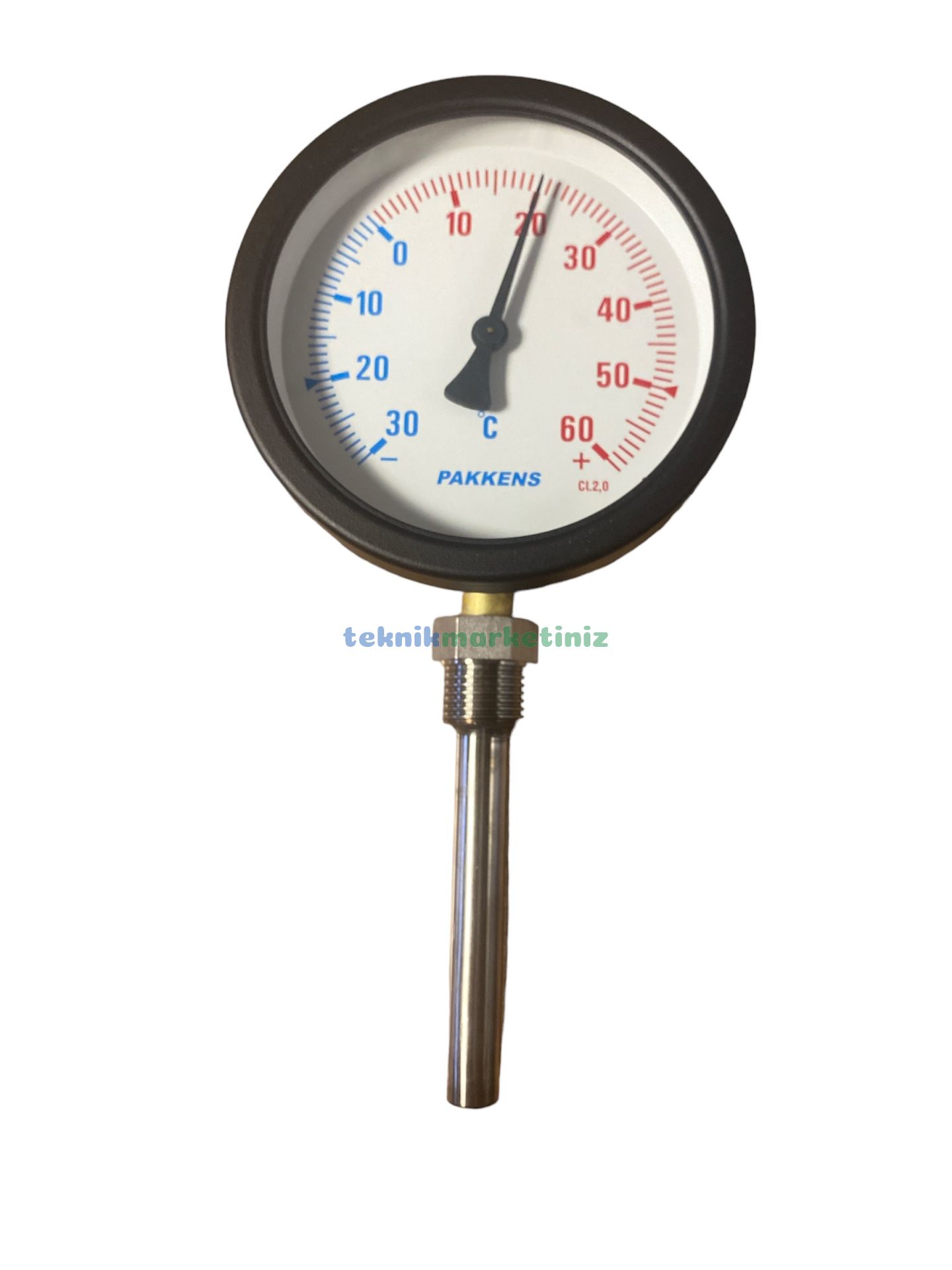 Ø100mm -30/+60°C Derece, Alttan Çıkışlı G1/2'' Bi-Metal Sıcaklık Ölçer, Termometre, Paslanmaz Termovilli Mekanik Isı Gösterge Saati, EN 13190, CL2,0 PAKKENS, Dalma Boyu :