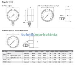 Ø100mm -760/0 mmHg Panotip Arka Bağlantılı Kurutip CL1,0 Hassas Vakum Ölçer, Vakummetre G1/2'' Prinç Bağlantı Elemanlı Class 1,0 PAKKENS