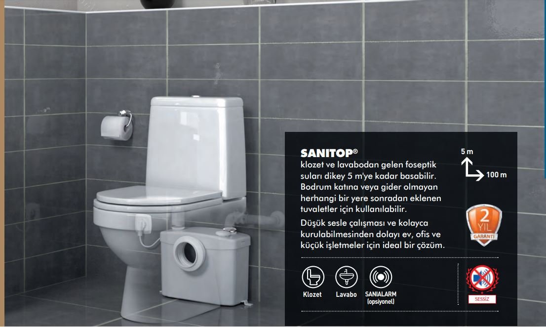 Sanitop 1 Klozet(WC) + 1 Lavabo Öğütücülü, Bıçaklı Foseptik Tahliye Pompası