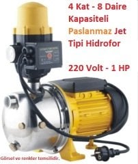 4 Kat - 8 Daire Kapasiteli Paslanmaz Jet Tipi Pompalı Hidromatlı Hidrofor 45mSS - 3 m3/saat 220 Volt 1 HP