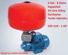 4 Kat - 8 Daire Kapasiteli 24 Litre Dikey Tanklı Paket Hidrofor 65mSS - 3 m3/saat 220 Volt 1 HP Preferikal Pompalı