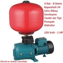 4 Kat - 8 Daire Kapasiteli 24 Litre Dikey Tanklı Paket Hidrofor 50mSS - 5 m3/saat 220 Volt 1 HP Jet Tipi Pompalı