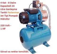 4 Kat - 8 Daire Kapasiteli Paslanmaz Jet Tipi Pompalı Paket Hidrofor 45mSS - 3 m3/saat 220 Volt 1 HP, 24 Litre Yatık Tanklı