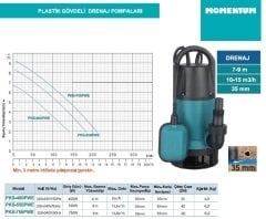 400W 6 mSS - 9 Ton m3/saat Pis, Kirli Su Drenaj Dalgıç Pompası Plastik Gövdeli 220Volt MOMENTUM PKS-400PWE