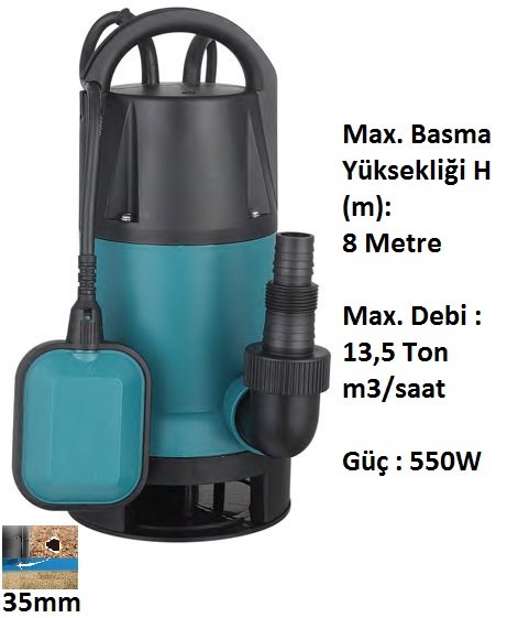 550W 8 mSS - 12 Ton m3/saat Pis, Kirli Su Drenaj Dalgıç Pompası Plastik Gövdeli 220Volt MOMENTUM PKS-550PWE