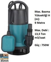 750W 9 mSS - 13 Ton m3/saat Pis, Kirli Su Drenaj Dalgıç Pompası Plastik Gövdeli 220Volt MOMENTUM PKS-750PWE