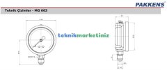 Ø63mm -760 / 0 mmHg Alttan Bağlantılı Gliserinli (Sıvı Dolgulu) G1/4'' Vakummetre, Vakum Göstergesi CL2,5 PAKKENS