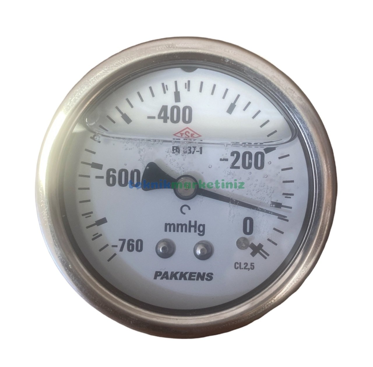 Ø63mm -760 / 0 mmHg Arkadan Bağlantılı Gliserinli (Sıvı Dolgulu) G1/4'' Vakummetre CL2,5 PAKKENS