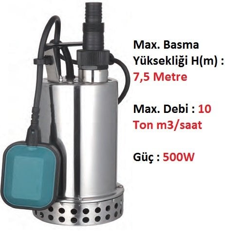 500W 7,5 mSS - 10 Ton m3/saat Temiz Su Drenaj Dalgıç Pompası Paslanmaz Gövdeli 220Volt MOMENTUM PKS-550S