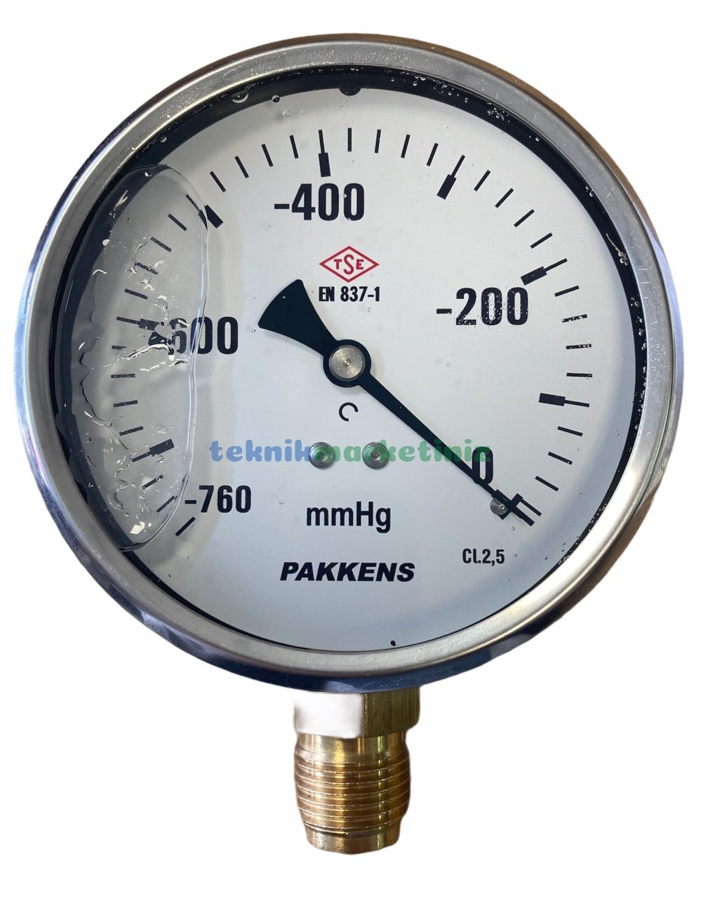 Ø100mm -760mmHg Alttan Bağlantılı Gliserinli (Sıvı Dolgulu) G1/2'' Vakummetre, Vakum Göstergesi CL2,5 PAKKENS