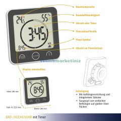 Timerlı, Zamanlayıcı, Sıcaklık ve Nem Ölçerli Banyo ve Mutfak Saati, Termo-Higrometre TFA Dostmann 60.4001.10 TM832.2011.10