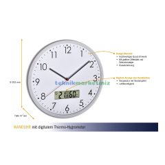 Dijital Termometre ve Higrometreli, Analog Duvar Saati TFA Dostmann 60.3048.02 TM832.2129.02