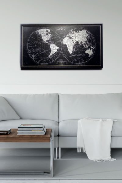 Işıltılı Siyah Dünya Haritalı Tablo / Siyah Ahşap Çerçeve