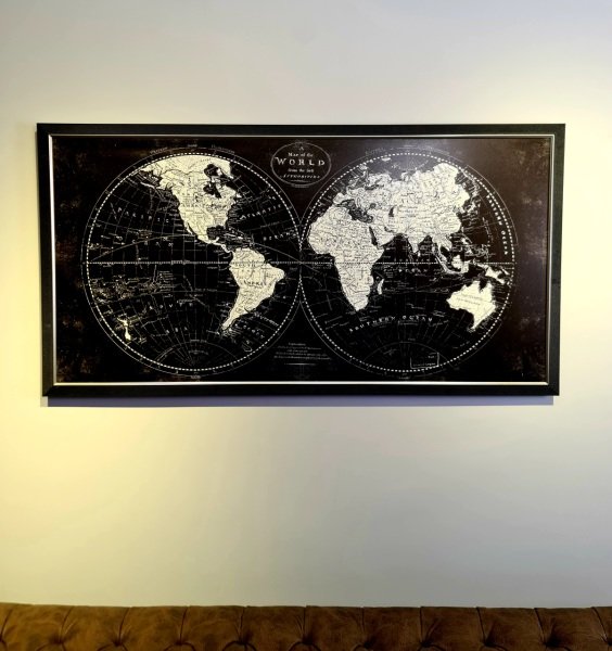 Işıltılı Siyah Dünya Haritalı Tablo / Siyah Ahşap Çerçeve