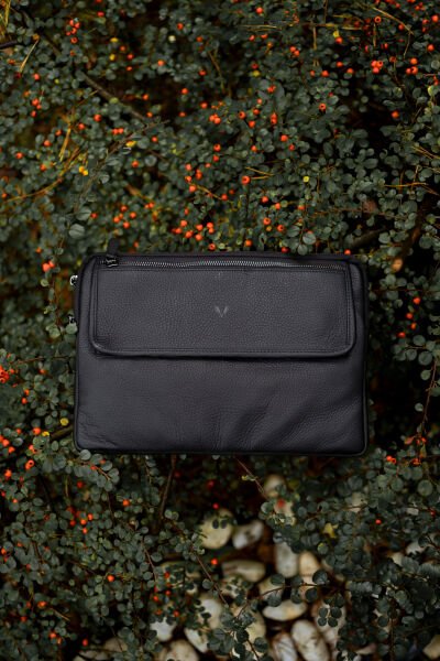 V Hakiki Deri Clutch & Tablet El Çantası / Siyah