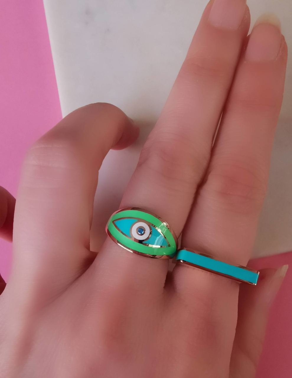 Mavi Yeşil Mineli Ayarlanabilir Göz Yüzük