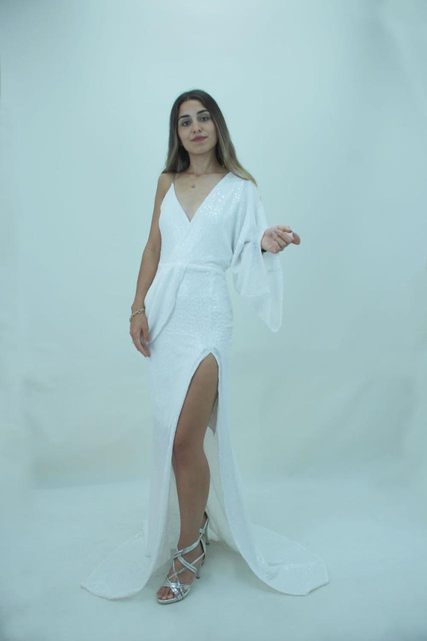 Beyaz Payet Tek Omuz Maxi Elbise