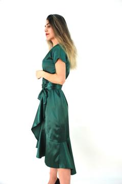 Zümrüt Yeşili Volanlı kruvaze Yaka Saten Elbise
