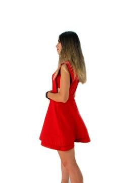 Kırmızı Kloş V Yaka Mini Elbise