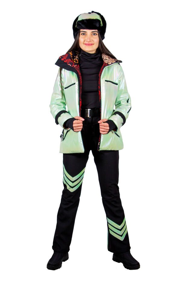 ﻿Kadın Siyah Neon Mint Yeşili Şeritli Kayak Pantolonu