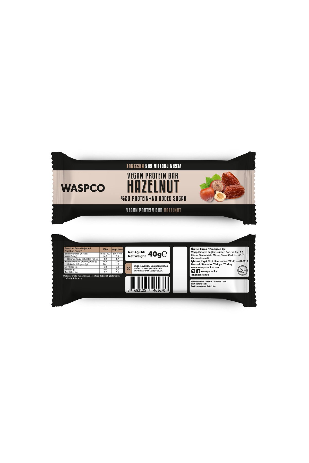 Waspco Vegan Protein Bar Fındıklı ve Hurmalı 40g
