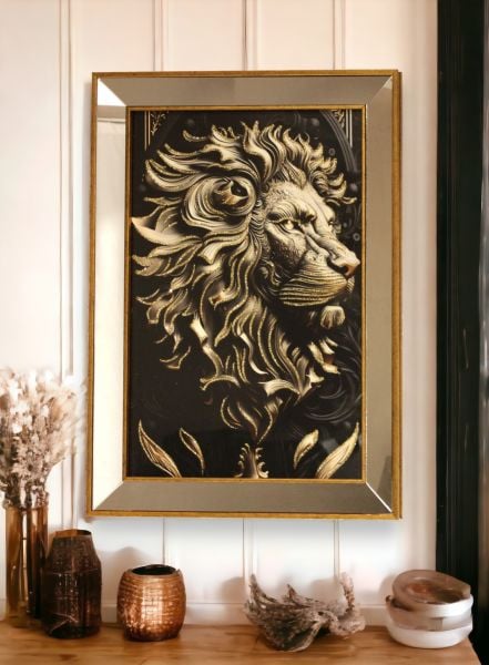 Ayna Çerçeveli Bronz Aslan Tablo 50x70 CM