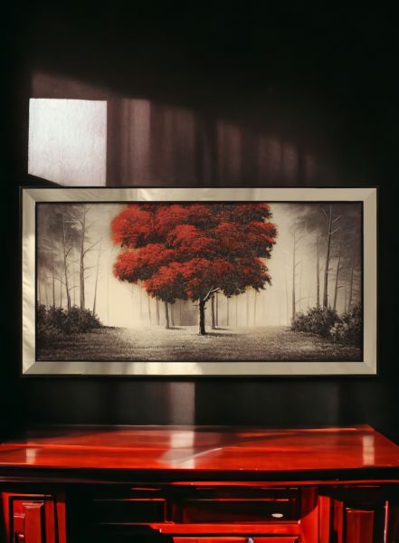 Ayna Çerçeveli Kırmızı Yapraklı Ağaç Tablo 70x130 CM