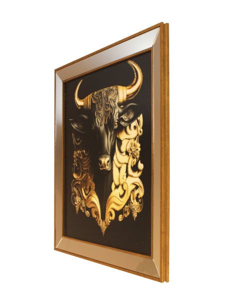 Ayna Çerçeveli Gold Detaylı Boğa Kare Tablo 70x70 CM