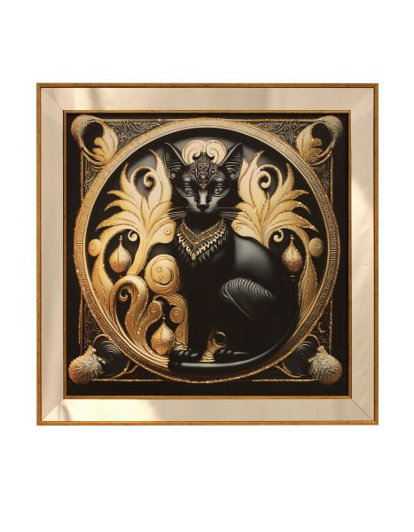 Ayna Çerçeveli Gold Detaylı Kedi Kare Tablo 70x70 CM