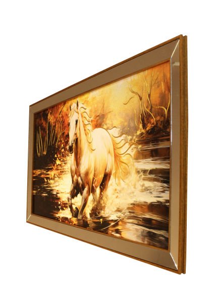 Ayna Çerçeveli Nehirde Beyaz At Gold Tablo 70x130 CM