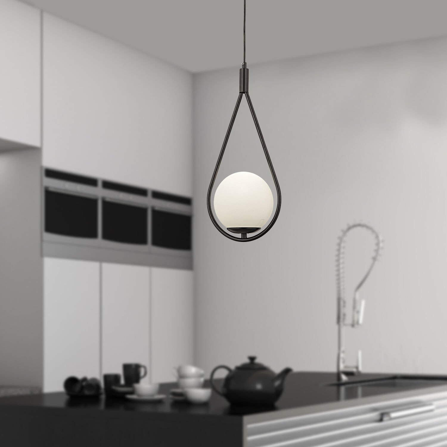 Mirza Tekli Siyah Sarkıt Beyaz Camlı Modern Sarkıt Mutfak Salon Sarkıt Avize