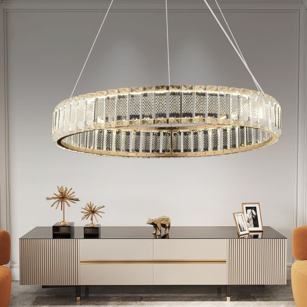 Russell 50cm 3 Renkli Ledli 44 Watt Gold Kaplamalı Kristal Taşlı Sarkıt Led Salon Avize