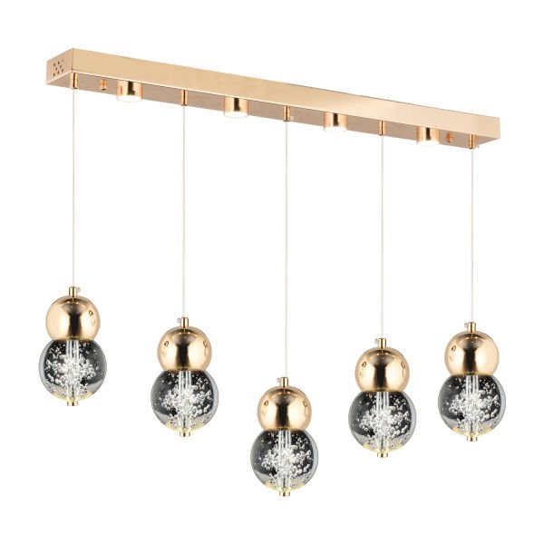 Sasha 5'li Sıralı 3 Renkli 57 Watt Gold Kristal Ledli Modern Oturma Odası Salon Sarkıt Avize