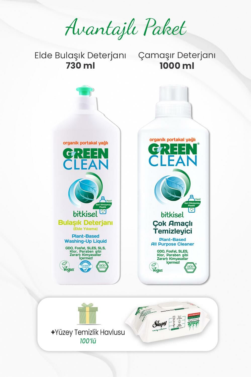Green Clean Çamaşır Deterjanı 1000 ml, Elde Bulaşık Deterjanı 730 ml ve Temizlik Havlusu 100'lü