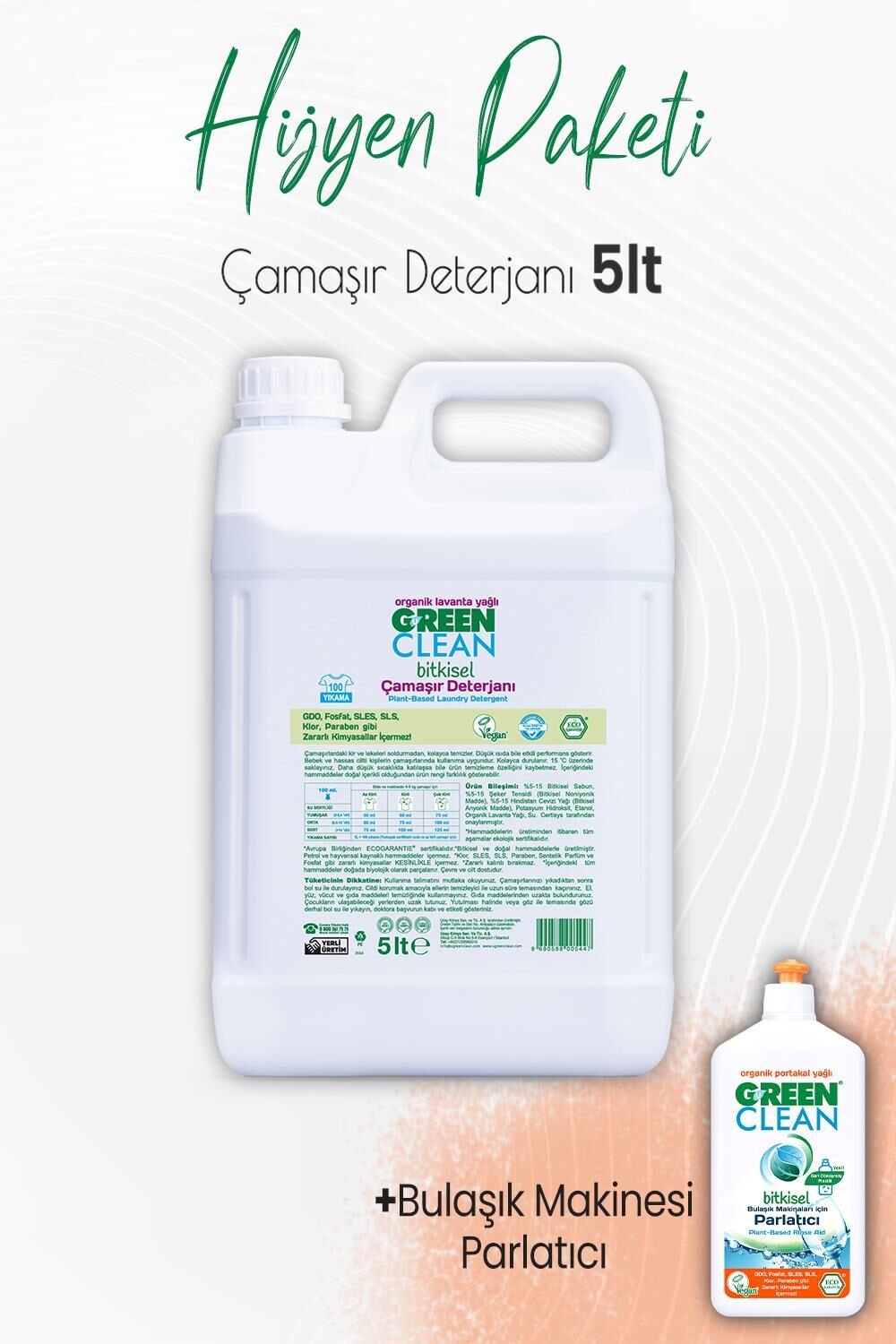 Green Clean Bitkisel Çamaşır Deterjanı Lavanta 5 lt ve Bulaşık Makinesi Parlatıcı Portakal 500 ml