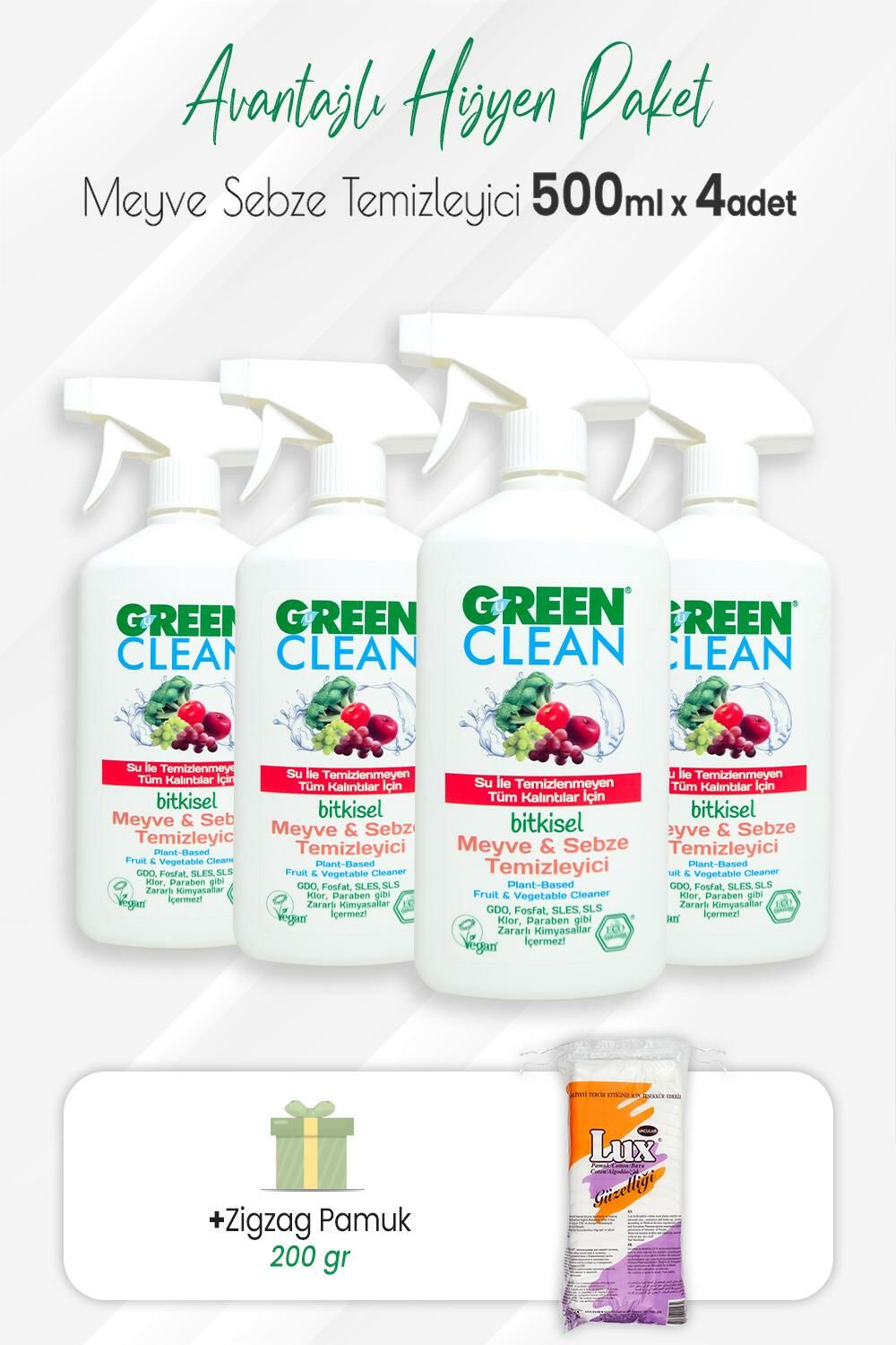 Green Clean 4'lü Bitkisel Meyve Sebze Temizleyici 500 ml ve Zigzag Pamuk 200 gr
