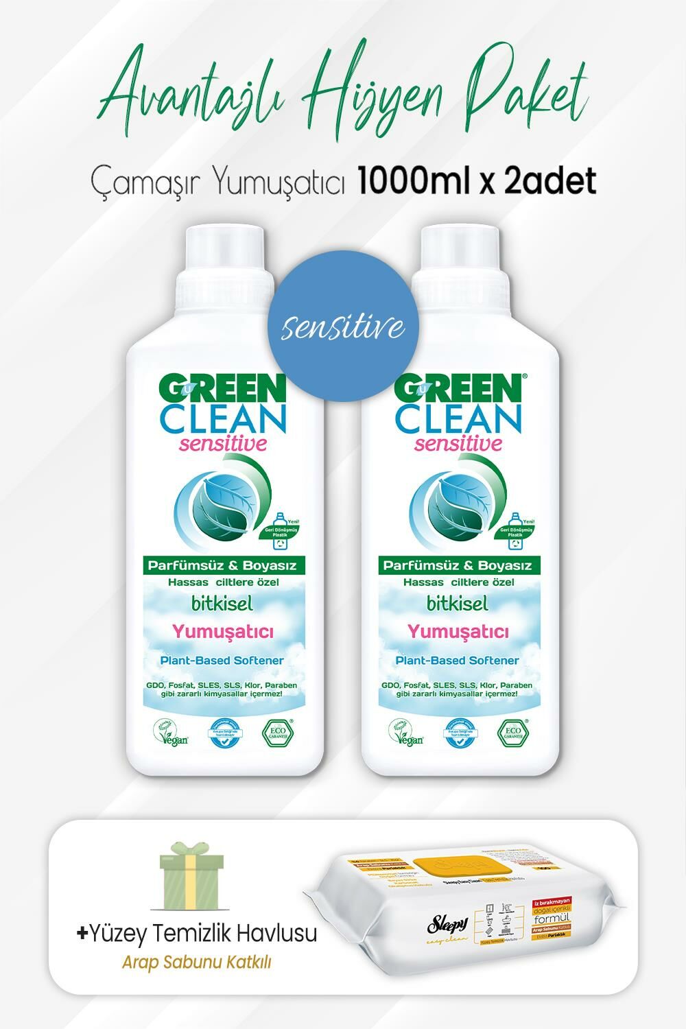 Green Clean Sensitive Yumuşatıcı 1 lt x 2 Adet ve Arap Sabunlu Temizlik Havlusu 100' lü