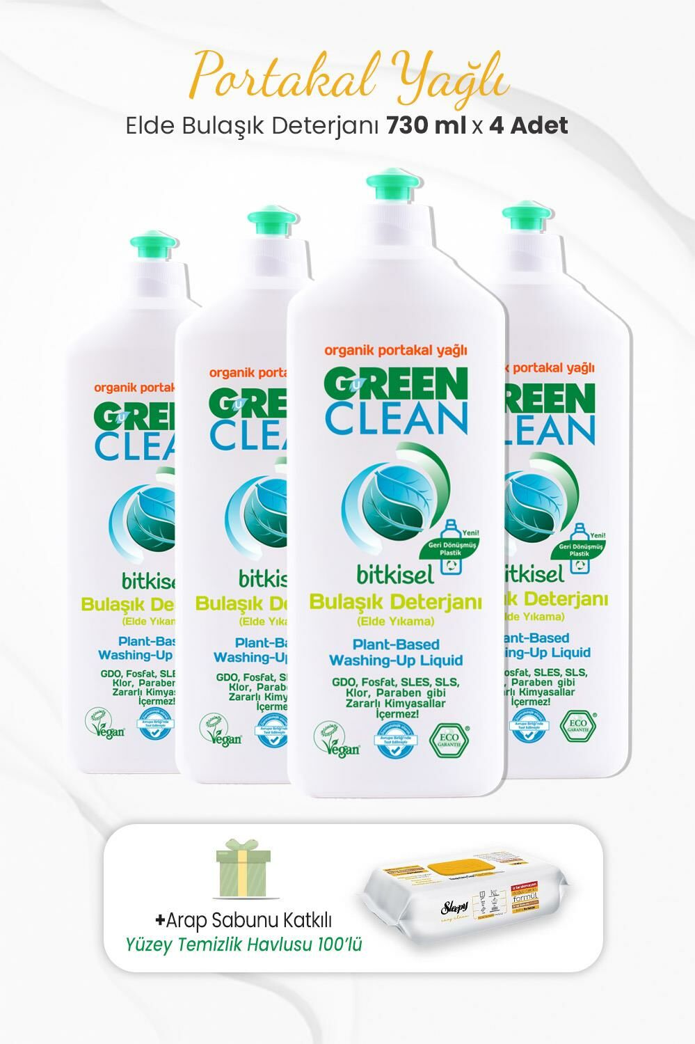 Green Clean 4lü Elde Bulaşık Deterjanı 730 ml ve Arap Sabunlu Temizlik Havlusu