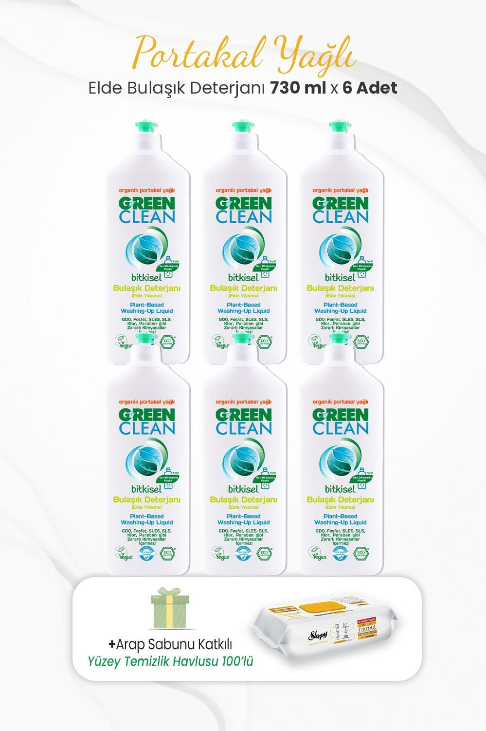 Green Clean 6lı Elde Bulaşık Deterjanı 730 ml ve Arap Sabunlu Temizlik Havlusu