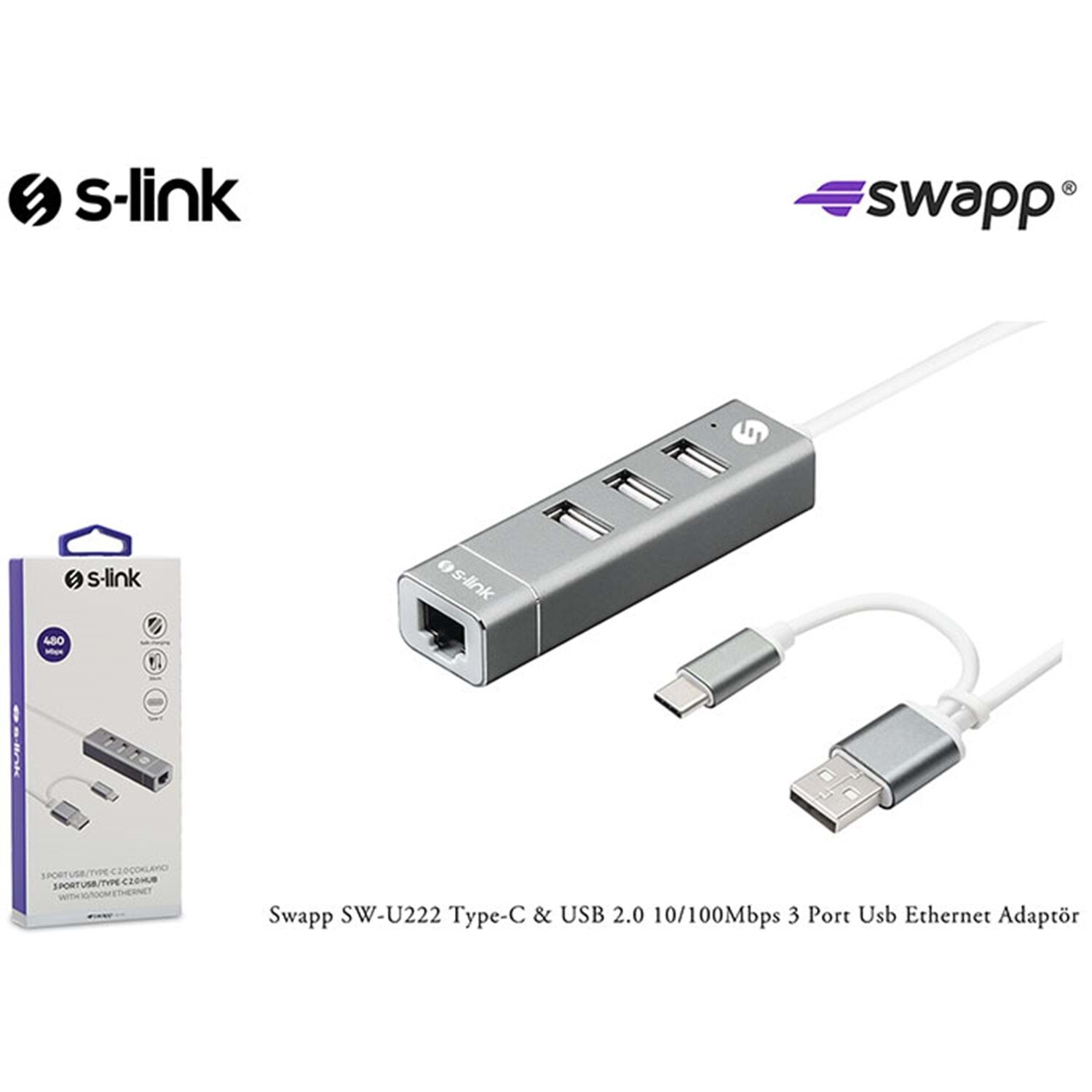 S-link Swapp SW-U222 Type-C Usb 2.0 10/100 Mbps 3 Port Usb Ethernet Adaptör