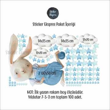 Mavi Tulumlu Oyuncu Tavşan Ve Yıldızlar Çocuk Odası Duvar Sticker Seti