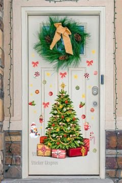 Yılbaşı Ağacı Ve Kış Figürleri Yeni Yıl Cam Duvar Kapı Sticker Seti