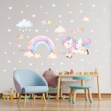 Unicorn Ve Gökkuşağı Çocuk Odası Duvar Sticker Seti