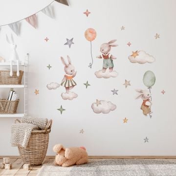 Sevimli Tavşanlar Gökyüzünde Çocuk Odası Duvar Sticker Seti