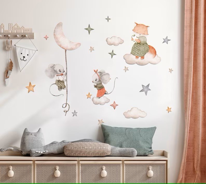 Sevimli Tilki Ve Fareler Gökyüzünde Çocuk Odası Duvar Sticker Seti