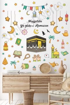 Kabe Cami Ve Renkli Ramazan Figürleri Cam Duvar Kapı Sticker Seti